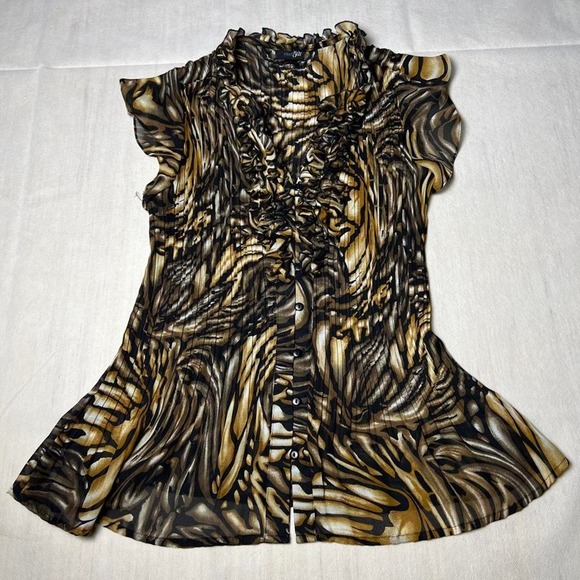 Tops - Brown and black abstract swirl blouse with ruffles